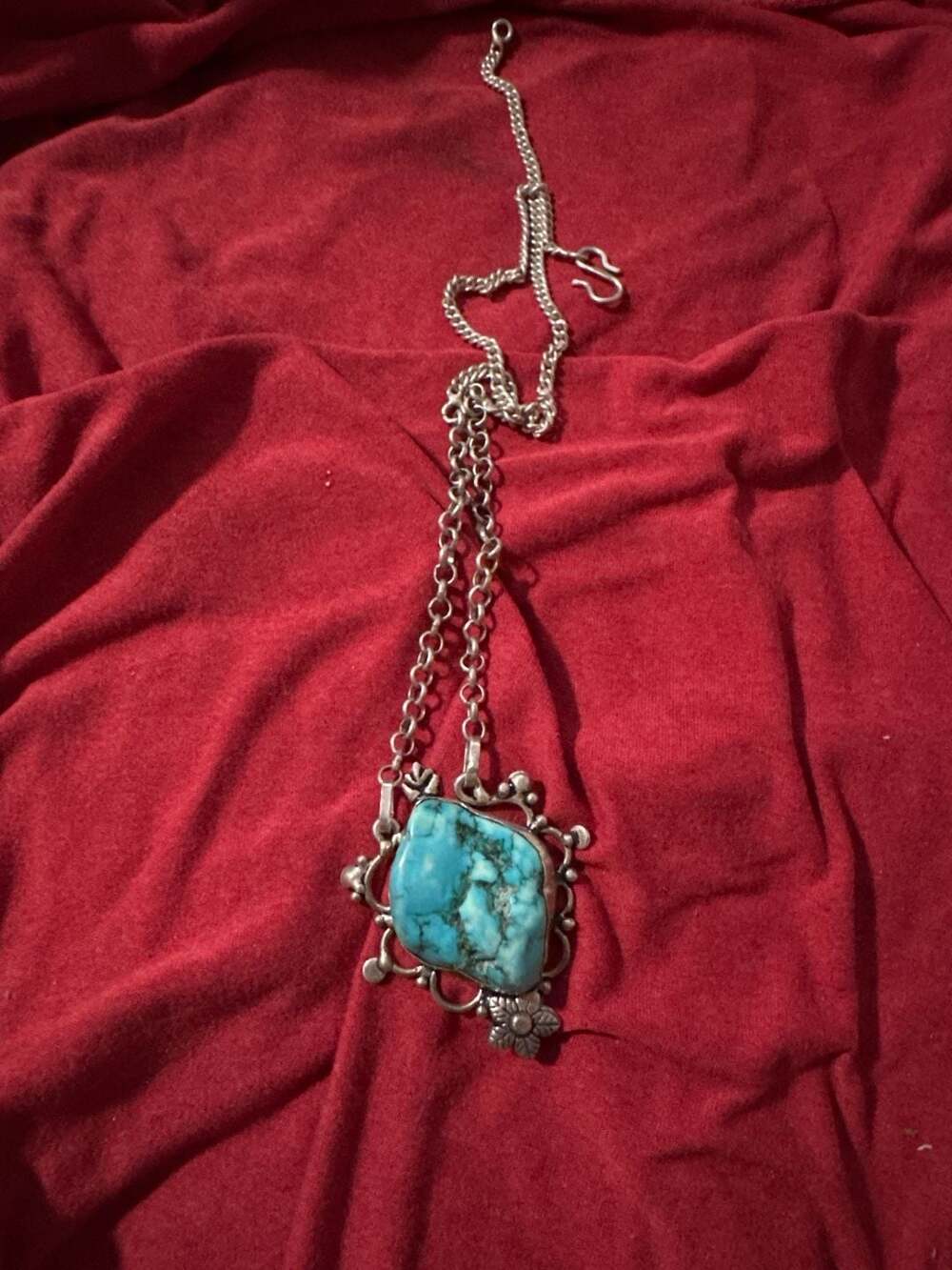 Large Turquoise Sterling Silver Artisan Flower Pendant Necklace
